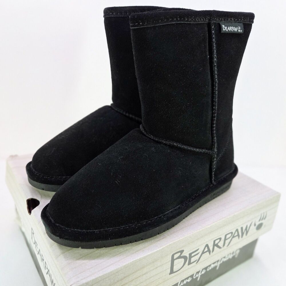 Bearpaw Emma Youth Black Suede Boots Size 4 New In Box